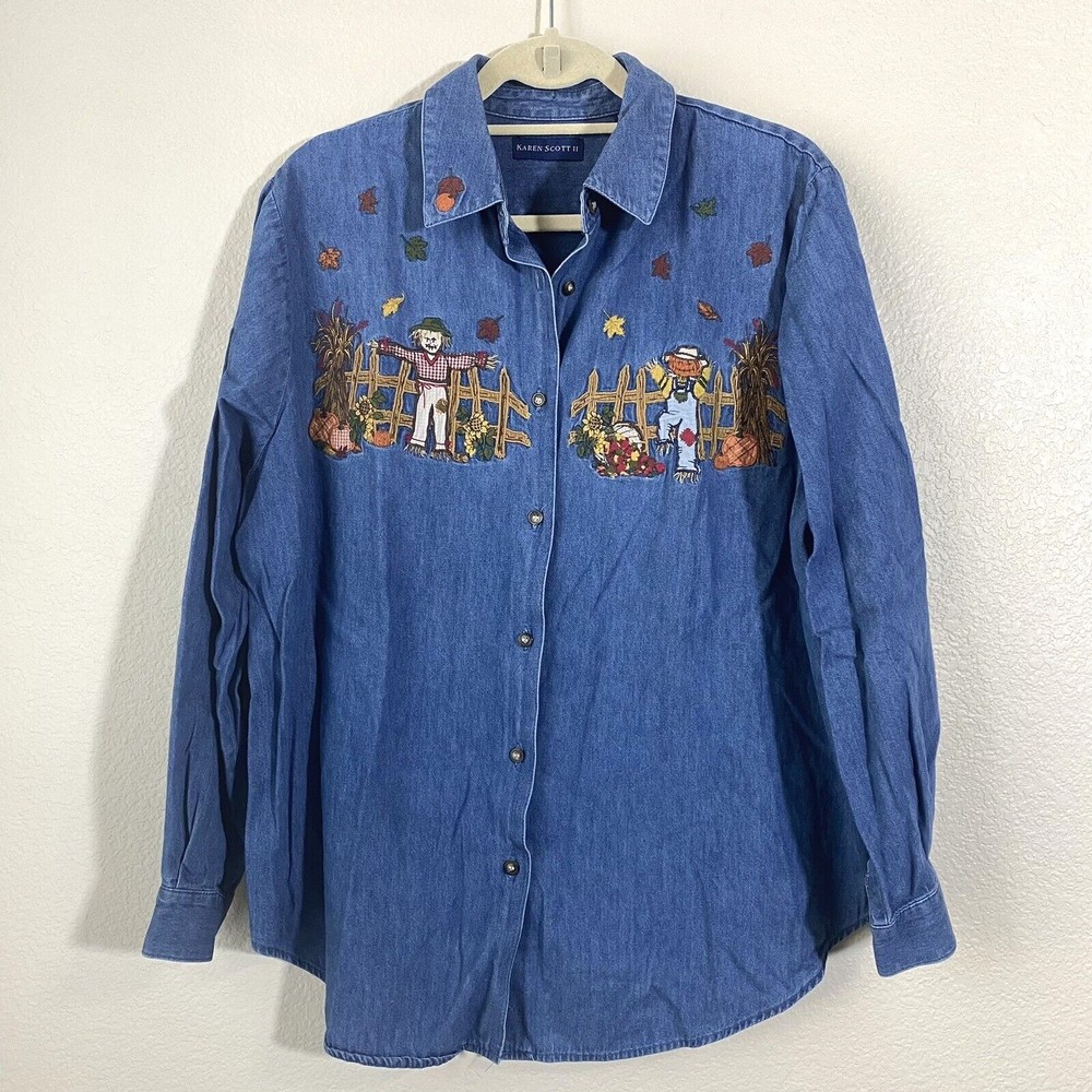 Karen Scott Shirt Size 1x Fall Harvest Pumpins Denim Button Front Cotton